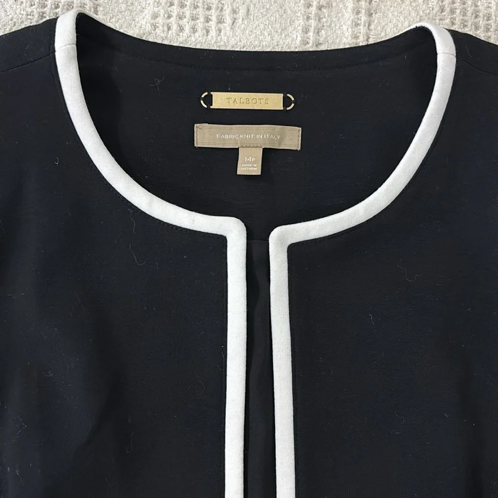 Talbots Black White Trim Open‎ Front Fabric Knit In Italy Blazer Size 14p